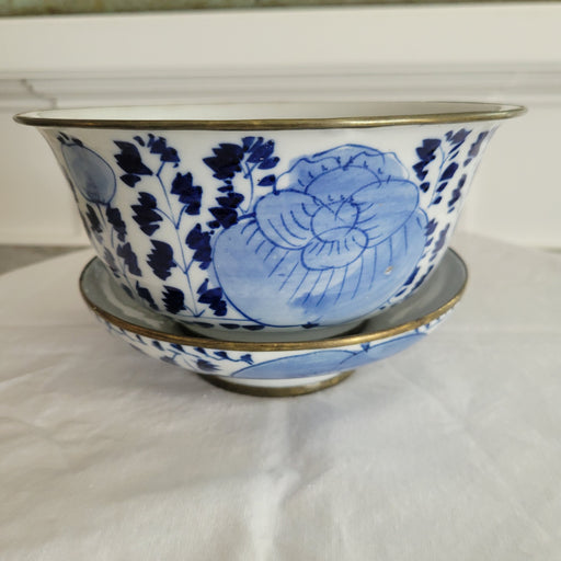 Vintage Blue & White Asian Brass Rimmed Bowl with Saucer - Exquisite Decor Piece