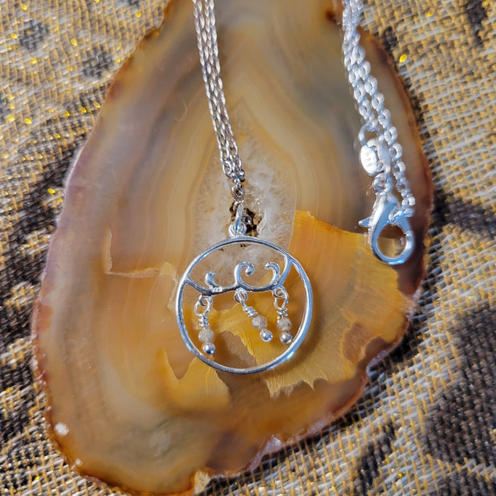Sterling Silver Circle with Branch and Labradorite Dangles Pendant Necklace on Fine Sterling Silver Chain