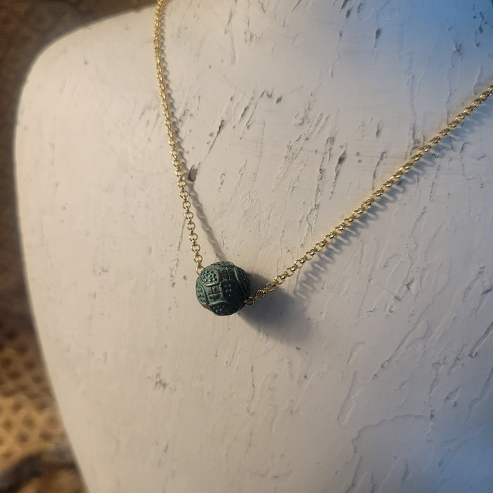 Brass and Patina Green 15mm Focal Decorative  Ball Necklace in 18K Gold RGP Siding Ball