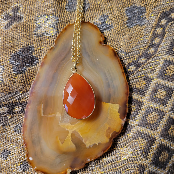 Carnelian Faceted Teardrop  in Gold Bezel, Necklace 18 inch 18k Gold Filled 1.2 Rolo Chain with Lobster Claw Clasp
