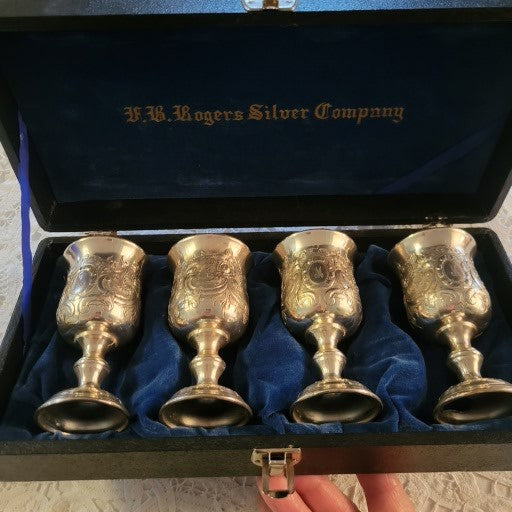 Wm Rogers Vintage Silverplated Cordial Mini Wine Goblets - Boxed Set Engraved 'M'