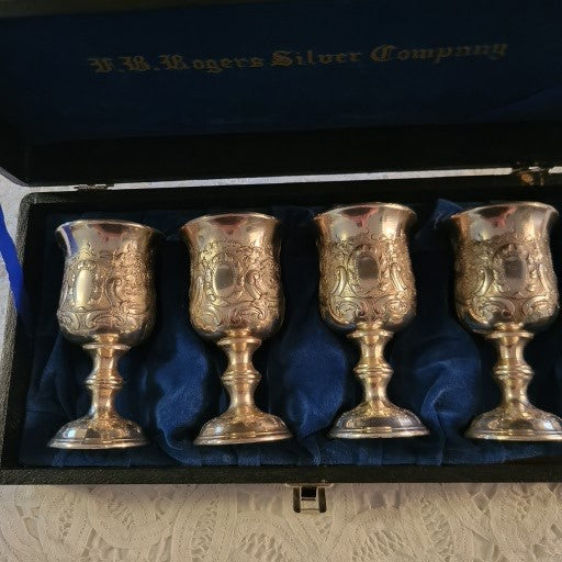 Wm Rogers Vintage Silverplated Cordial Mini Wine Goblets - Boxed Set Engraved 'M'