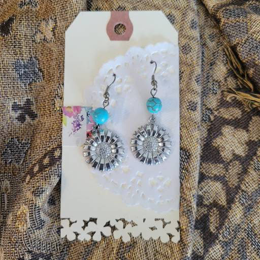 Turquoise Howlite Bead with Silver Daisy Flower Charm Dangle Earrings 3 inch dangle