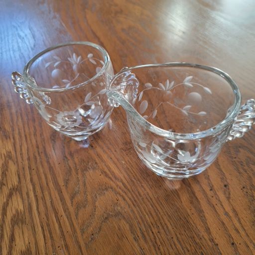 Paden City Clear Etched Glass Sugar & Creamer Set, Flower Floral Pattern, Vintage Wing Handles, Etched Daisies