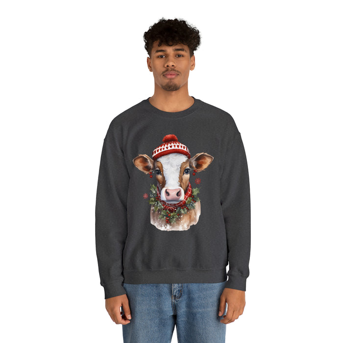 Holly the Christmas Cow Dressed in Her Finery Unisex Heavy Blend™ Crewneck Sweatshirt - Festive Holiday Apparel