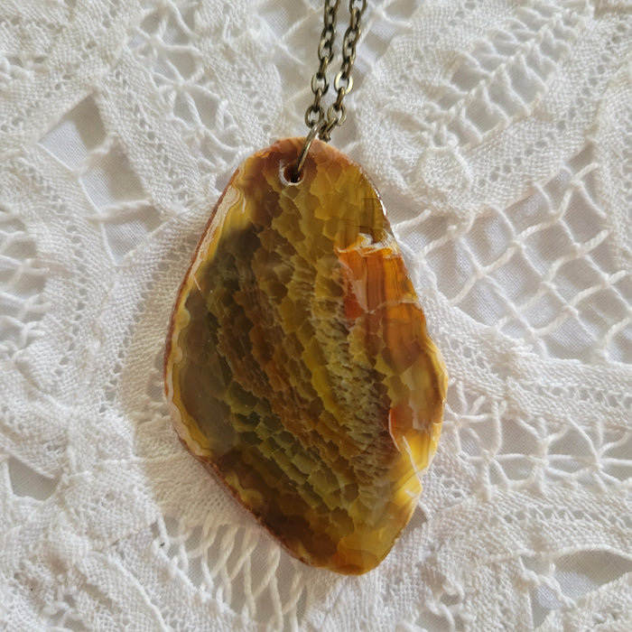 Golden Agate Focal Necklace - 2.5" Pendant on 33" Bronze Chain with Faceted Golden Bead Stations - Sweater Weather Necklace