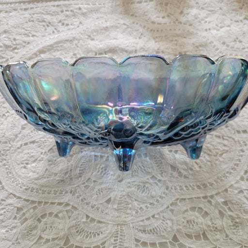 Sapphire Blue Carnival Glass Footed Bowl - Harvest Grape Design - 12 Inches