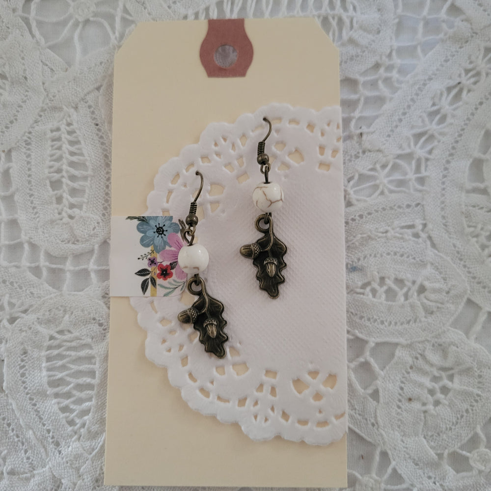 Ivory Howlite Bronze Acorns Dangle Earrings 2"