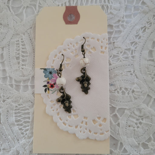 Ivory Howlite Bronze Acorns Dangle Earrings 2"