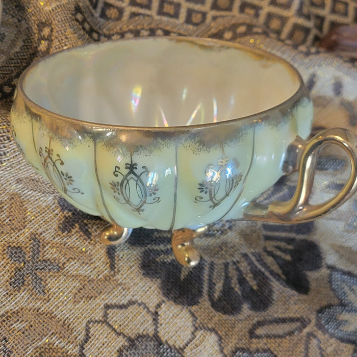 Yellow Gold Lusterware 3 Footed Teacup and Saucer - Hand Painted Shafford China - Rare Vintage - Hand Painted Japan