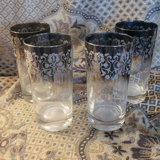 Set of 4 MCM Highball Glasses Silver Fade Madeira Royal Luster Embossed Encrusted Flowers