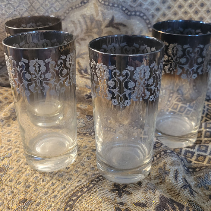 Set of 4 MCM Vintage Highball Classes Silver Fade Madeira Royal Luster Embossed Encrusted Flowers