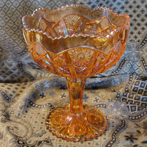 Imperial Carnival Glass Iridescent Amber Hobstar Arches Footed Bowl/Compote Vintage