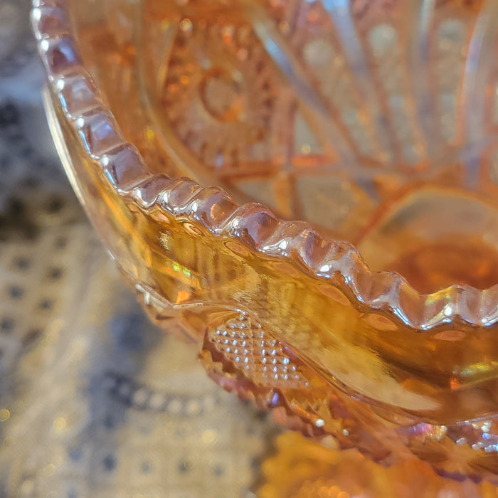 Imperial Carnival Glass Iridescent Amber Hobstar Arches Footed Bowl/Compote Vintage