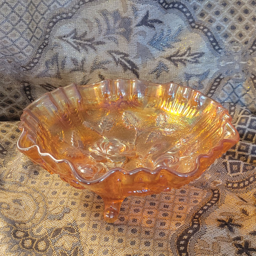 Imperial Carnival Glass Iridescent Orange Rose Fluted Ruffled Vintage Bowl Tri-foot