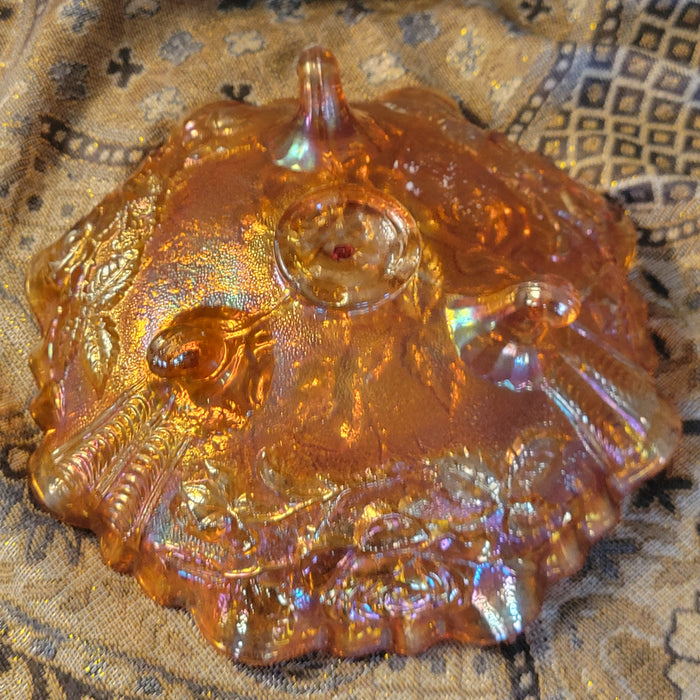 Imperial Carnival Glass Iridescent Orange Rose Fluted Ruffled Vintage Bowl Tri-foot