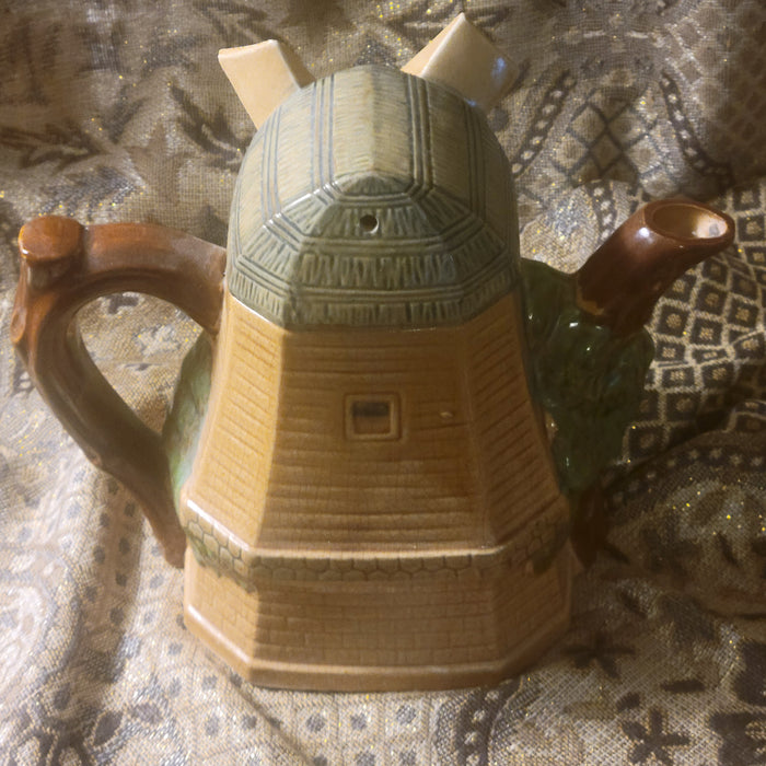 Vintage Windmill English Teapot in Wood Tones and Greens, Mint Condition