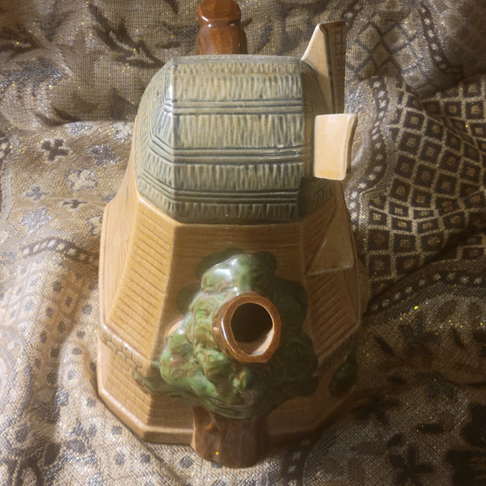 Vintage Windmill English Teapot in Wood Tones and Greens, Mint Condition