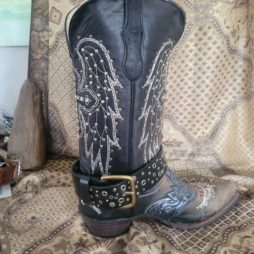Black Leather Studded and Riveted Decorated Western Cowboy Boot Belt