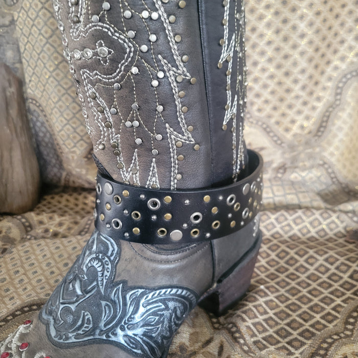 Black Leather Studded and Riveted Decorated Western Cowboy Boot Belt