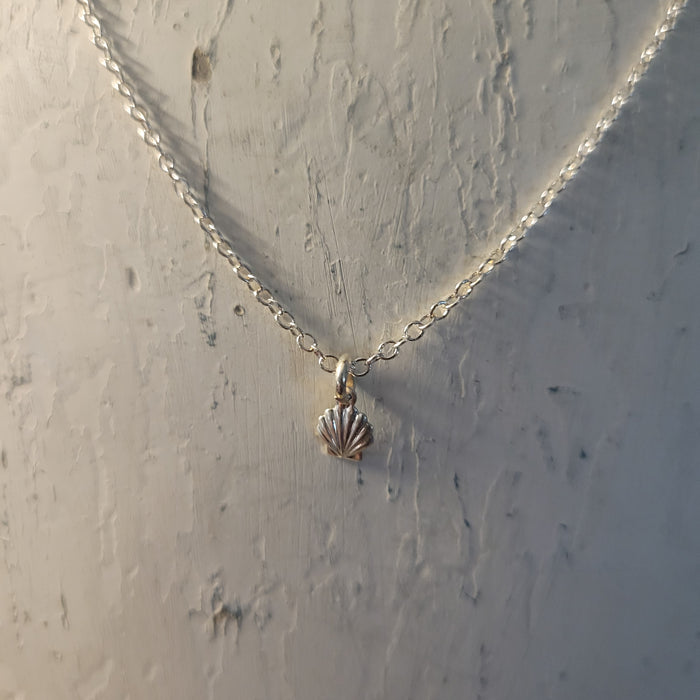 Dainty Sea Shell - Clam Shell Sterling Silver Charm on Fine 18-inch Chain Sterling Necklace