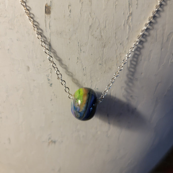 OOAK Hand Blown Art Bead in Watercolors Blue Green Lavender on 18" Fine Sterling Silver Chain Necklace