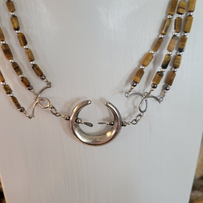 Tiger's Eye & Sterling Silver Crescent Moon Triple Strand Necklace