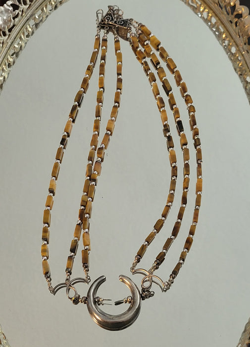Tiger's Eye & Sterling Silver Crescent Moon Triple Strand Necklace