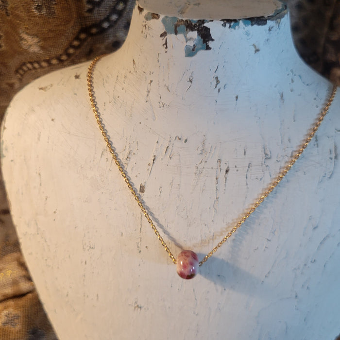 OOAK Hand Blown Art Bead in Watercolors Pink & Reds on 18" Fine Gold Fill Chain Necklace
