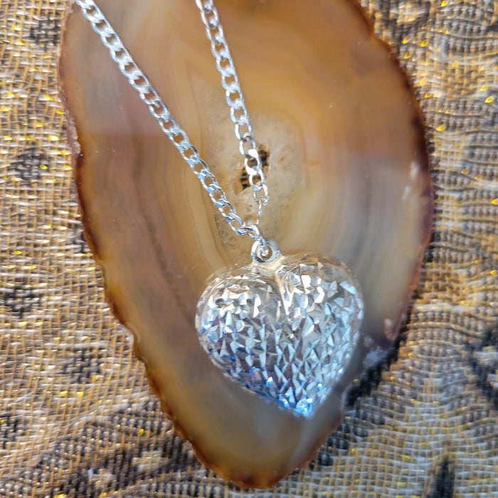 Diamond Cut Puffed Heart Sterling Necklace, Heart Silver Pendant on Heavy Curb Link Chain