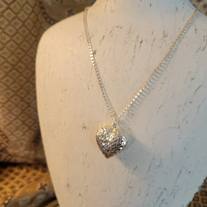 Diamond Cut Puffed Heart Sterling Necklace, Heart Silver Pendant on Heavy Curb Link Chain