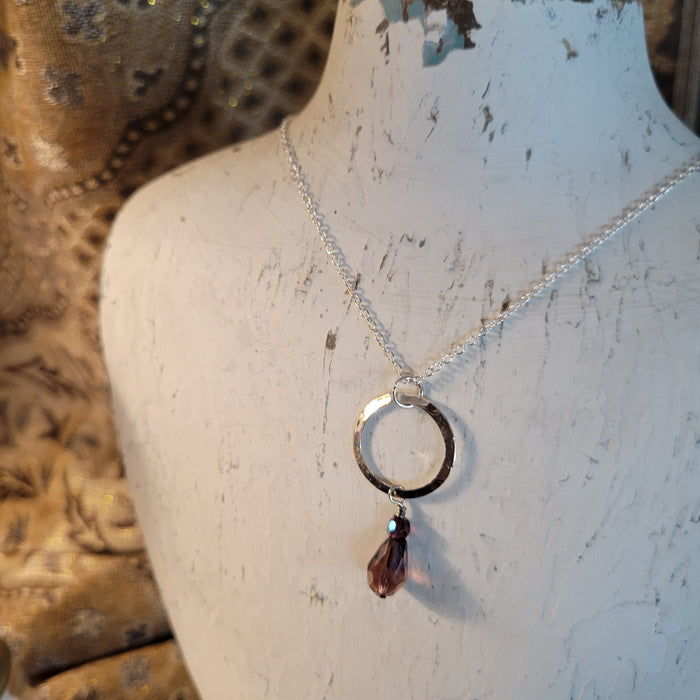 Choice of Color Briolette Suspended on a Hammered Silver Circle Charm on Fine 18-inch Chain Sterling Necklace