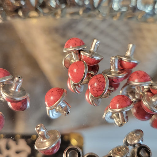 8mm Rounded Top Round Acrylic Red "Coral" Silver Rivets Leather Studs Clothes Bags DIY Accessory, Craft Supplies