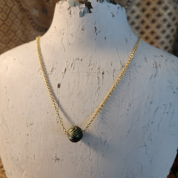 Brass and Patina Green Focal Bronze Ball Necklace in 18K RGP Siding Ball