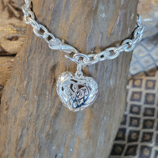 Chunky Sterling Silver Charm Bracelet 7.5 inches with Puffed Filigree Heart