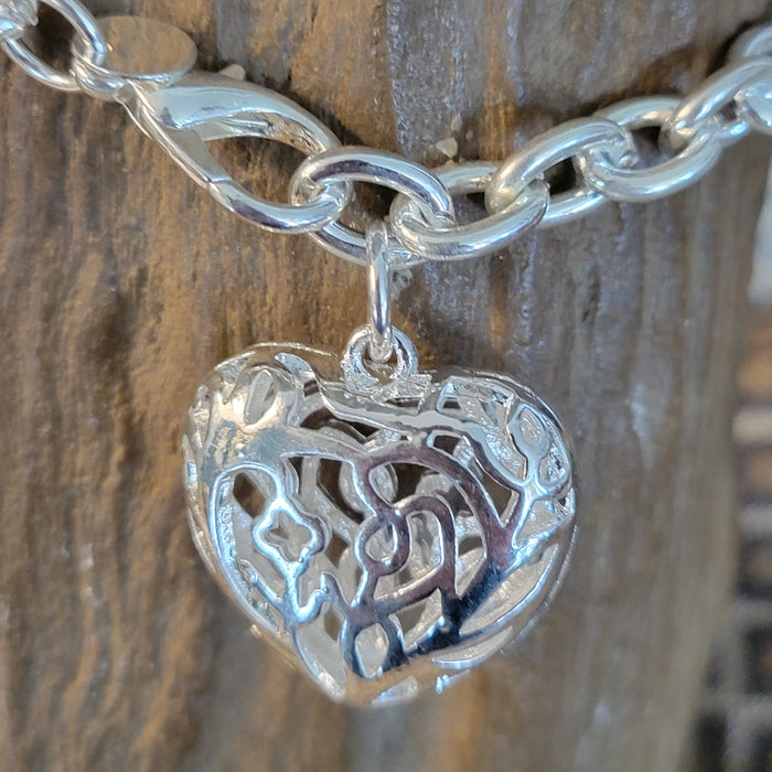 Chunky Sterling Silver Charm Bracelet 7.5 inches with Puffed Filigree Heart