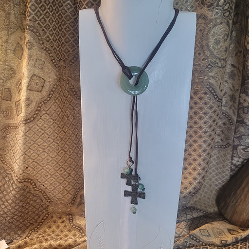 Green Serpentine & Leather Adjustable Cross Necklace