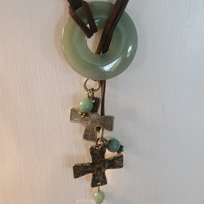 Green Serpentine & Leather Adjustable Cross Necklace
