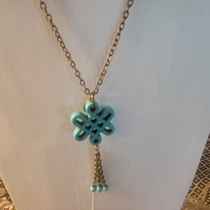 Turquoise Howlite Oriental Knot Focal with Fringe Tassell 33" Bronze Chain, Natural Howlite Beads Necklace, Western Boho Necklace
