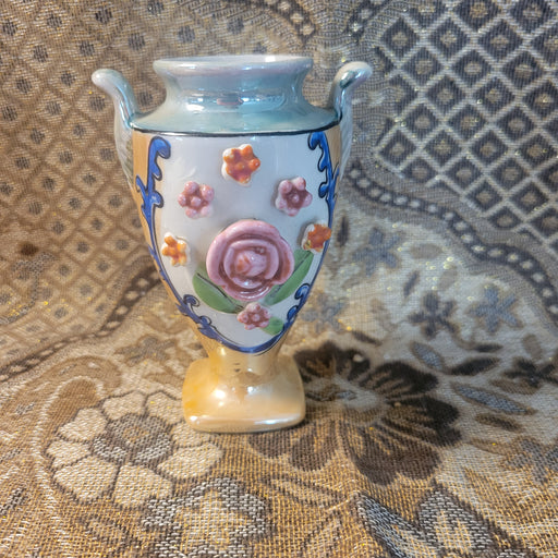 Mini Lusterware Double Handle Vase Raised Flowers Vintage Japan 4.5 inches