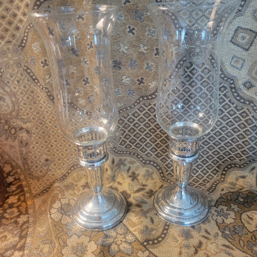 Simply Lovely Pair of Empire Sterling Weighted Candlesticks with Grape Etched Hurricane Globes