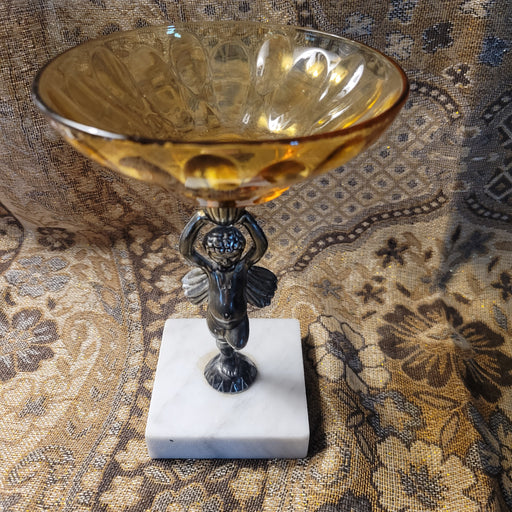 Amber Depression Glass Silver Tone Cherub Nut Dish on Marble Base 7" x 4.75"