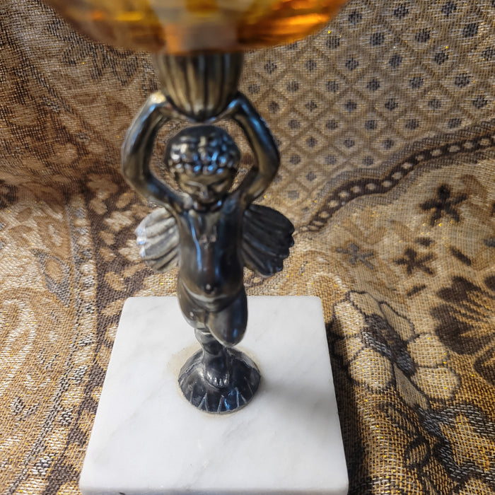 Amber Depression Glass Silver Tone Cherub Nut Dish on Marble Base 7" x 4.75"