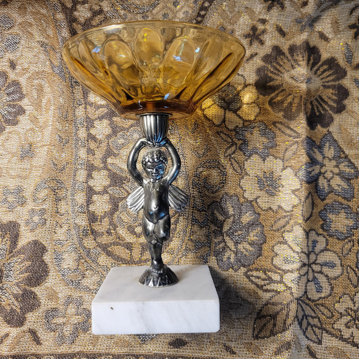 Amber Depression Glass Silver Tone Cherub Nut Dish on Marble Base 7" x 4.75"
