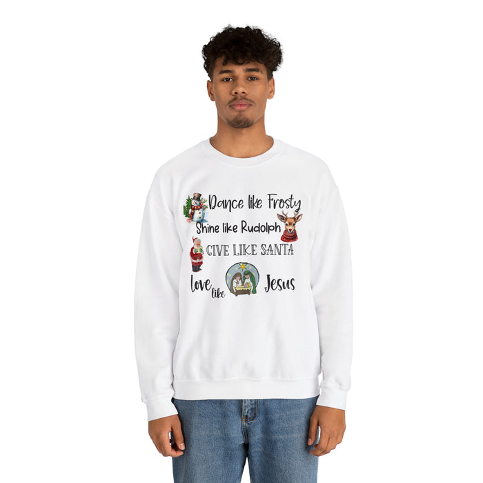 Dance, Shine, Give, Love Like Jesus Christmas Unisex Heavy Blend™ Crewneck Sweatshirt - Inspirational Holiday Apparel