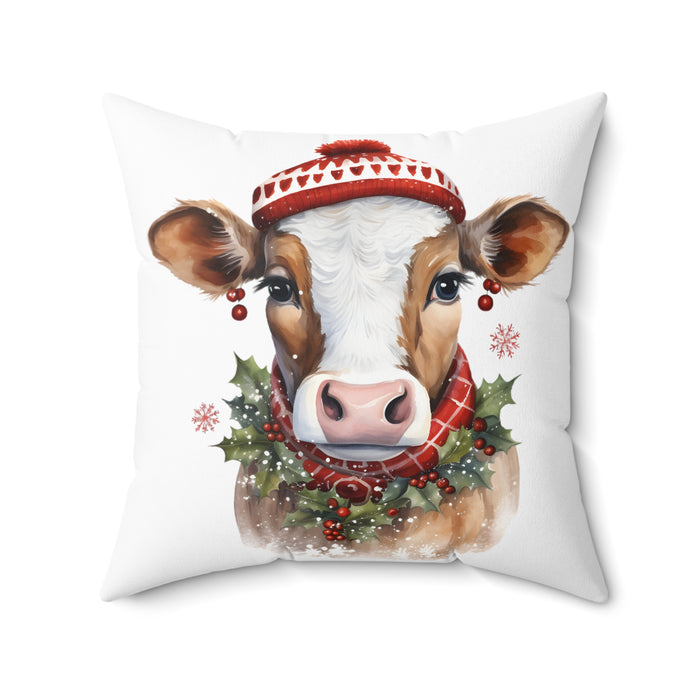 Holly the Christmas Cow Dressed in Her Finery Faux Suede Square Pillow - 20x20 - Festive Holiday Decor