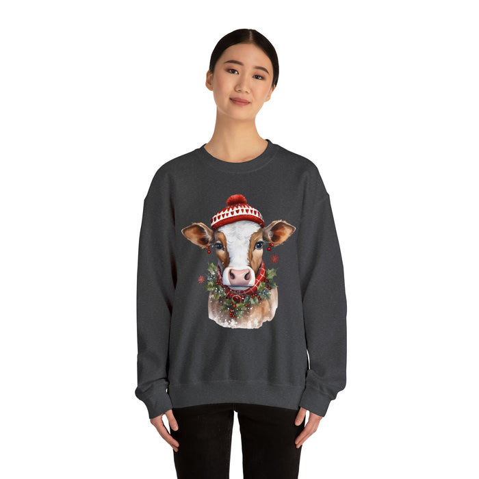 Holly the Christmas Cow Dressed in Her Finery Unisex Heavy Blend™ Crewneck Sweatshirt - Festive Holiday Apparel