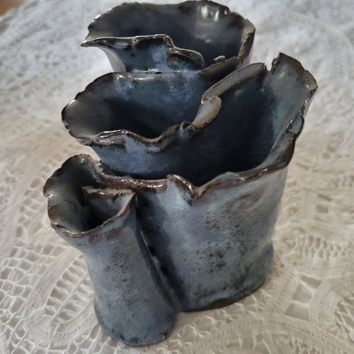 Hand Folded Thrown Pottery Vase Unique Ribbon Design, Beautiful Blue