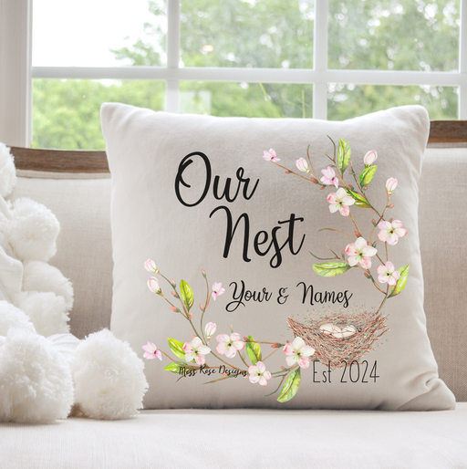 Our Nest with Your Names Personalization and Year Established Faux Suede Square Pillow