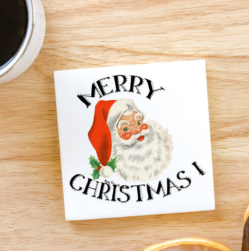 Retro Santa Wishes Merry Christmas Coaster - 4x4 Ceramic Cork Backed